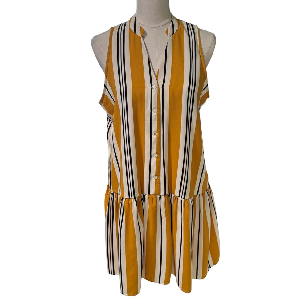 Nine West Striped Dress Medium Mustard White Sleeveless Drop Waist - Picture 2 of 7